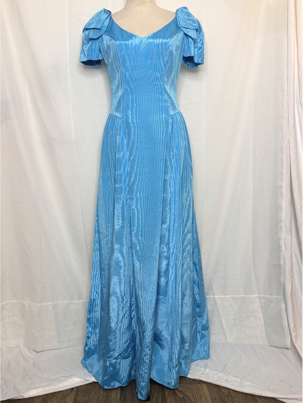80’s House of Bianchi Iridescent Textured Light Blue Moiré Bow Sleeve Gown